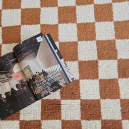 Orange & White Checkered Wool Rug, Pet-Friendly Beni Ourain Style - thumbnail 2