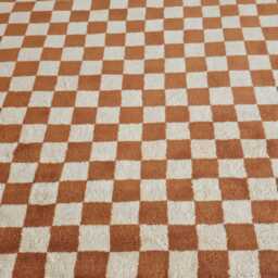 Orange & White Checkered Wool Rug, Pet-Friendly Beni Ourain Style - thumbnail 3