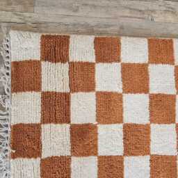 Orange & White Checkered Wool Rug, Pet-Friendly Beni Ourain Style - thumbnail 4