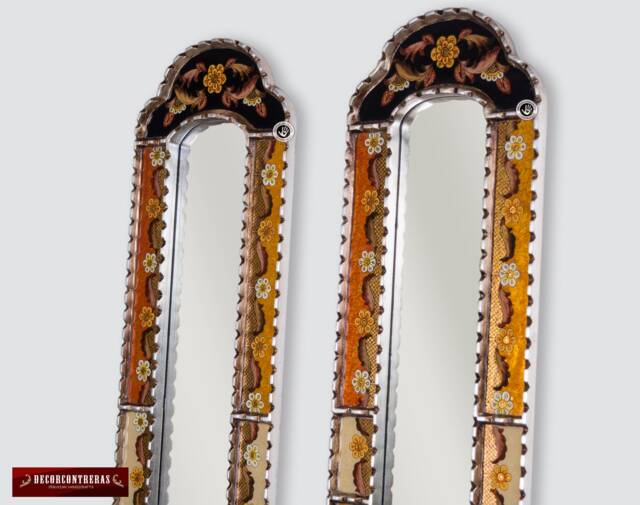 Narrow Mirror Wall Art, Peruvian Decorative Extra Tall Mirror, Painting On Glass Long Mirrors, Silver Leaf Wood Framed Wall Accent Mirror - image 1
