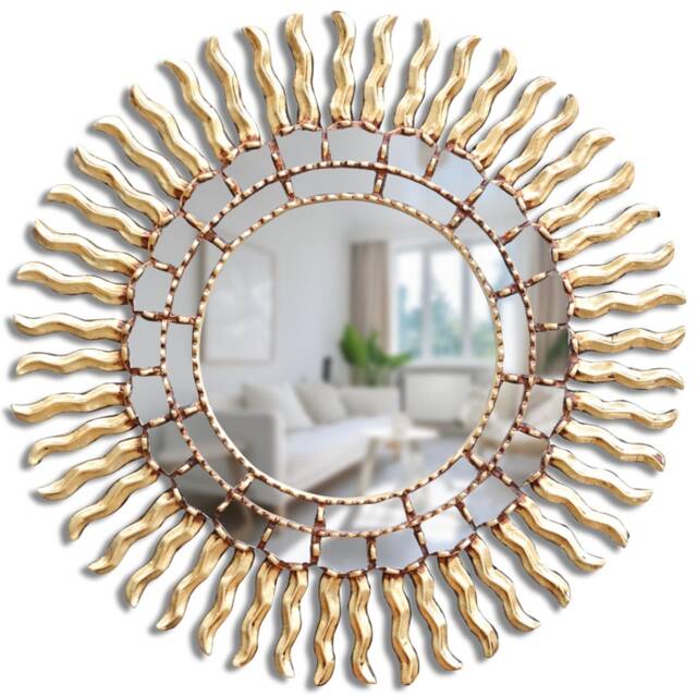 Peruvian Radiant Sun Mirror 60 cm Handmade Wall Decor - Carved Wood Round Statement For Living Room Bathroom Entryway - image 1