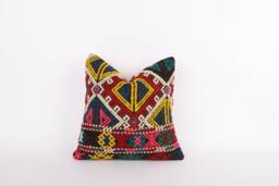 Vintage Turkish Kilim Pillow Cover Handwoven Wool Rug Cushion - 16x16 - thumbnail 1