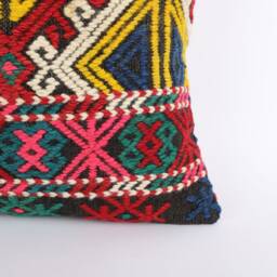Vintage Turkish Kilim Pillow Cover Handwoven Wool Rug Cushion - 16x16 - thumbnail 2