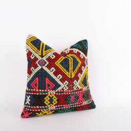 Vintage Turkish Kilim Pillow Cover Handwoven Wool Rug Cushion - 16x16 - thumbnail 3