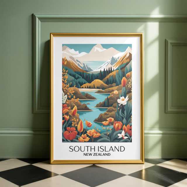 South Island New Zealand Print Colourful Travel Art - image 1