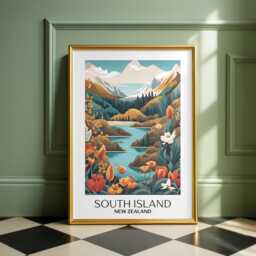 South Island New Zealand Print Colourful Travel Art - thumbnail 1