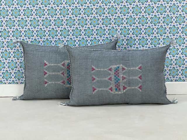 Yakiti-Grey Large Moroccan Pillows, Aka Cactus Silk Pillow, Decorative Pillows, Sabra Pillows, Moroccan Decor Designer Cactus - image 1