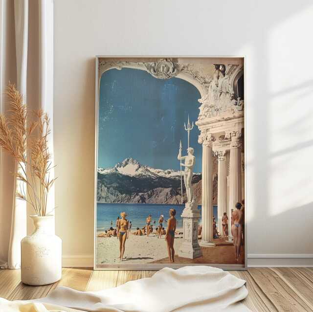 Surreal Beach Wall Art, Coastal Decor, Sci-Fi Poster, Retro Futurist Classical Modern Space Print, Mediterranean Art - image 1
