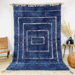 Hand Tufted Moroccan Navy Blue Berber Rug, Authentic Beni Ourain Carpet, Large 9x12 Area Handwoven Wool Shag Rug With Abstract Lines