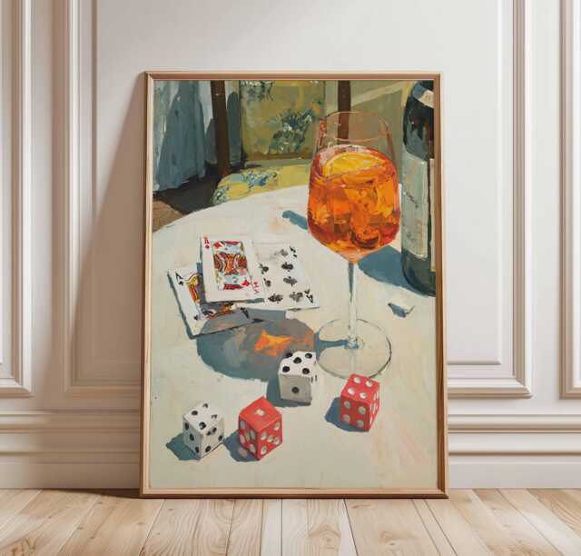 Cocktail Dice Card Wall Art Print, Vintage Bar Poster, Game Night Drink Illustration, Aperol Spritz Painting, Retro Casino Decor - image 1