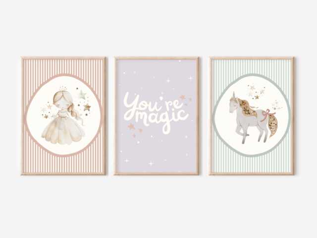 Set Of 3 Pastel Princess & Unicorn Prints. Perfect For A Girls Room, Nursery Or Playroom - Unframed - image 1