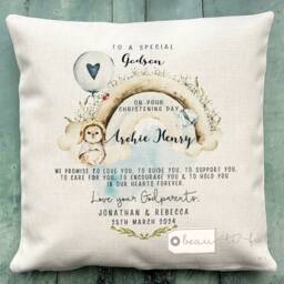 Personalised Christening Baptism Gift Promise To Godchild Godson Goddaughter Rabbit Rainbow Linen Style Cushion Godparent Godmother