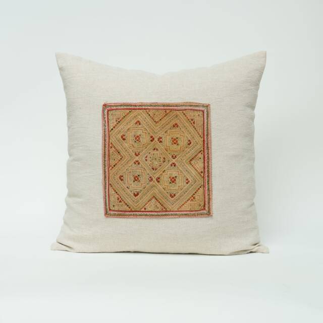 Hmong Hill Tribe Hemp Pillow Cover, Embroidered Rustic Patch - 20x20 - image 1