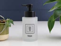 250Ml Frosted Glass Soap Dispenser With Black Square Label, Refillable Bottle Stainless Pump Choose Your Text - thumbnail 1