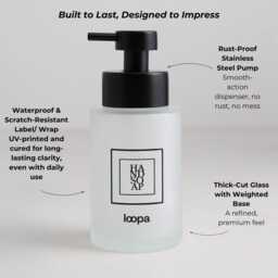 250Ml Frosted Glass Soap Dispenser With Black Square Label, Refillable Bottle Stainless Pump Choose Your Text - thumbnail 3