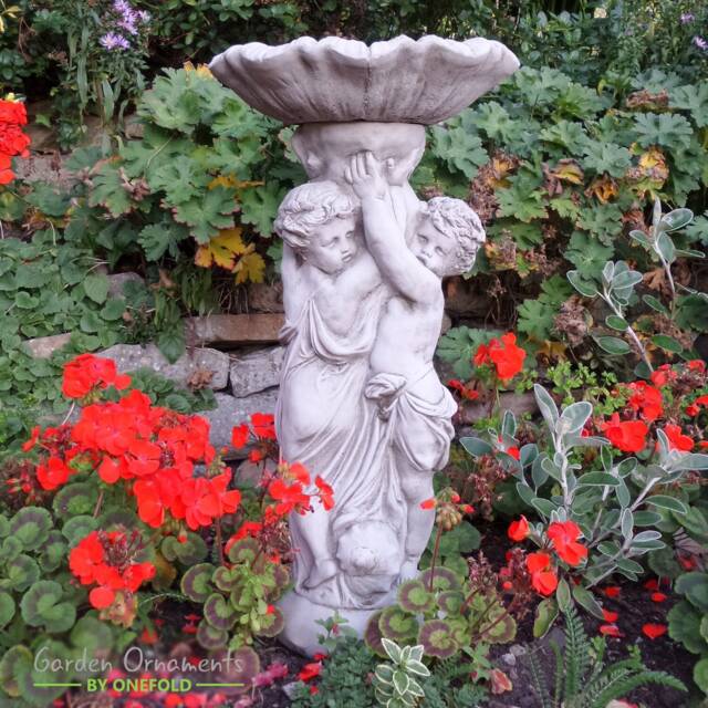 Hand Cast Stone Twin Cherub Bird Bath Feeder - English Garden Decor - image 1