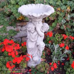 Hand Cast Stone Twin Cherub Bird Bath Feeder - English Garden Decor - thumbnail 3