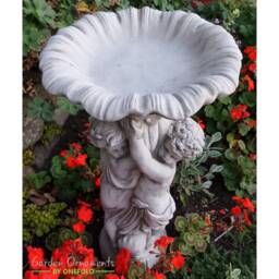Hand Cast Stone Twin Cherub Bird Bath Feeder - English Garden Decor - thumbnail 2