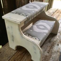 Bed Steps White Farmhouse Distressed Finish With Gray Fabric For Pets Or People Customizable - thumbnail 2