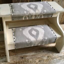 Bed Steps White Farmhouse Distressed Finish With Gray Fabric For Pets Or People Customizable - thumbnail 3