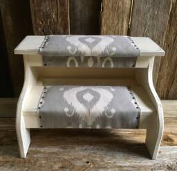 Bed Steps White Farmhouse Distressed Finish With Gray Fabric For Pets Or People Customizable - thumbnail 1