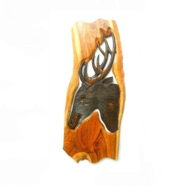 "Wood Carving Deer Head Natural Teak Hand Carved Wall Hanging Art Home Decor/Handmade Gift 23"" X 9.5" - image 1