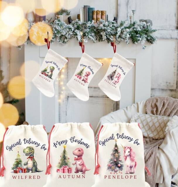 Personalized Santa Sack, Dinosaur Christmas Stocking, Toy Sack Name & Initial, Gift Bag, Xmas Gift For Baby - image 1