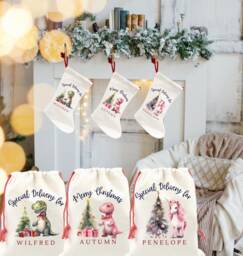 Personalized Santa Sack, Dinosaur Christmas Stocking, Toy Sack Name & Initial, Gift Bag, Xmas Gift For Baby - thumbnail 1