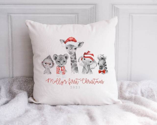Personalised Baby's First Christmas Cushion, Safari Animal Keepsake - image 1
