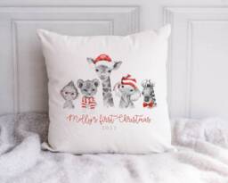 Personalised Baby's First Christmas Cushion, Safari Animal Keepsake - thumbnail 1