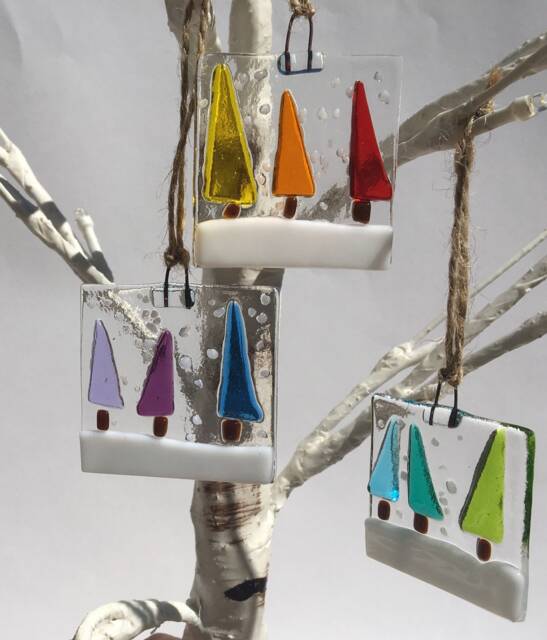 Fused Glass Rainbow Christmas Tree Decoration Hanging Bauble Ornament Trees in The Snow 5cm Square - image 1