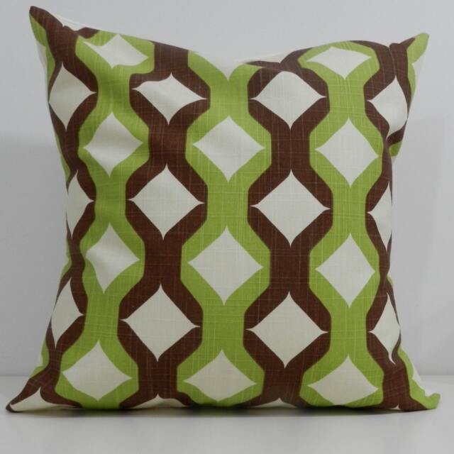 New 18x18 Inch Designer Handmade Pillow Case in Pistachio, Brown & Cream Retro Pattern