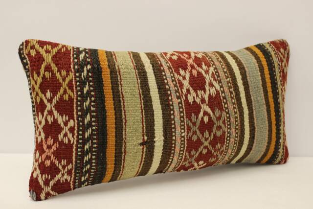 Vintage Turkish Kilim Pillow, 10x20 in 25x50 cm, Lumbar Pillow Accent, Sofa Throw Cushion Cover, 4Yef-676 - image 1