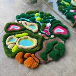 3D Island Tufted Rug - Nature Inspired Handmade Carpet With Trees, Ocean & Flowers Colorful Textured Fluffy Fiber Art - thumbnail 3
