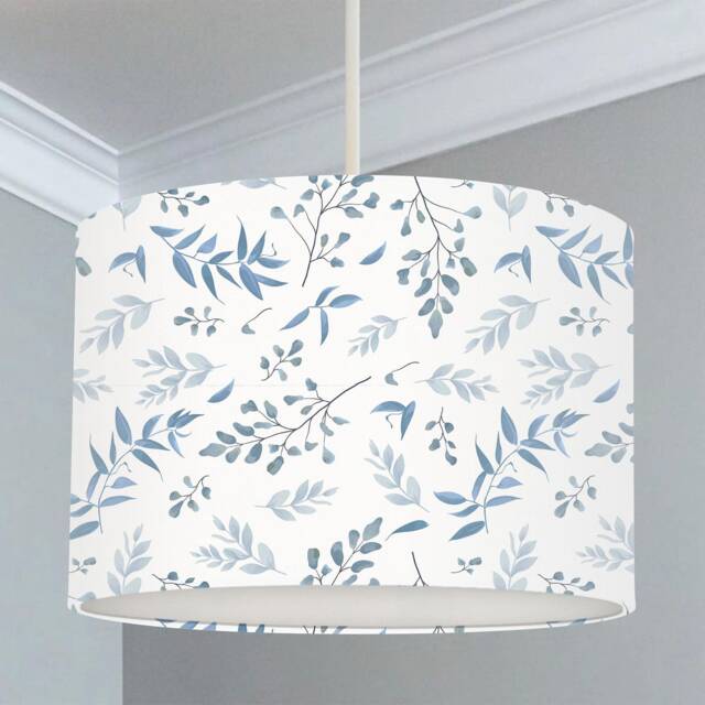 Grey Blue Leaf Print Lampshade, Nursery Decor, Drum Lamp Shade - image 1