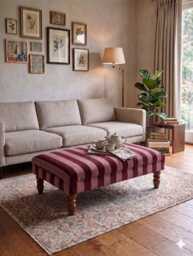 Luxury Striped Ottoman Footstool, Clarke & Haldon Fabric, Handmade Upholstered Coffee Table Ottoman, Burgundy Footstool - thumbnail 1