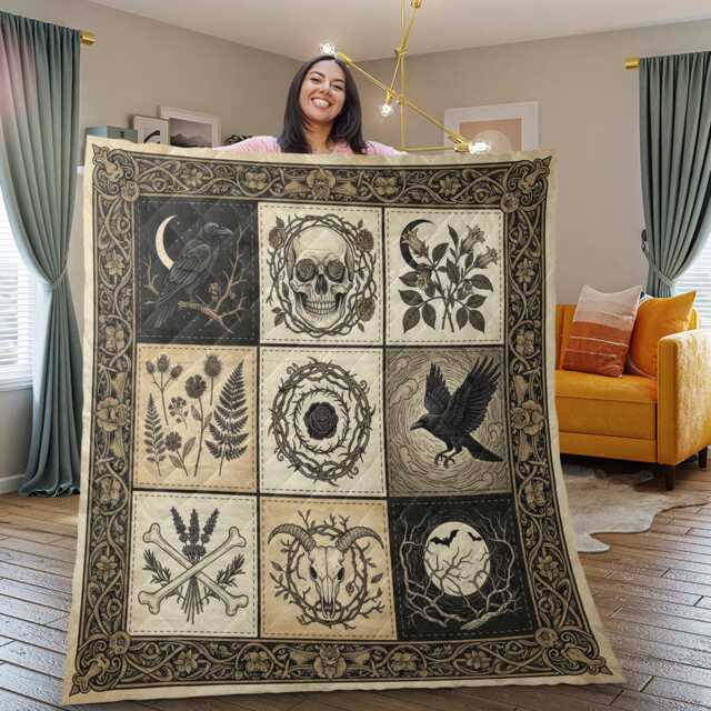 Gothic Raven Patchwork Quilt Blanket Dark Academia Crow Vintage Occult Illustration Bedding - image 1