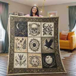 Gothic Raven Patchwork Quilt Blanket Dark Academia Crow Vintage Occult Illustration Bedding - thumbnail 1