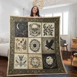 Gothic Raven Patchwork Quilt Blanket Dark Academia Crow Vintage Occult Illustration Bedding - thumbnail 3