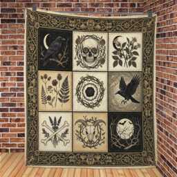 Gothic Raven Patchwork Quilt Blanket Dark Academia Crow Vintage Occult Illustration Bedding - thumbnail 2