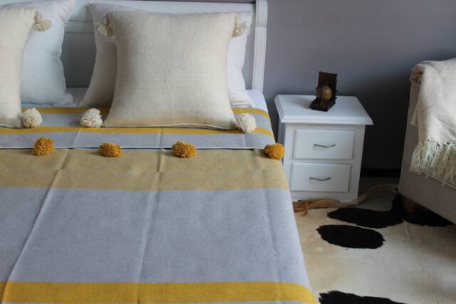 Gray & Yellow Moroccan Pompom Throw Blanket With Tassels - Duvet Cover Made Of Hand-Woven Coton Sofa Couch Bed End - image 1