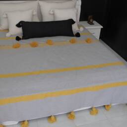 Gray & Yellow Moroccan Pompom Throw Blanket With Tassels - Duvet Cover Made Of Hand-Woven Coton Sofa Couch Bed End - thumbnail 3