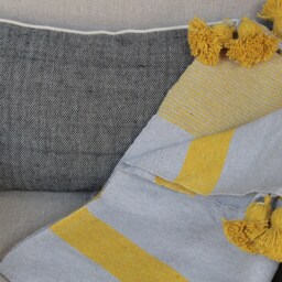 Gray & Yellow Moroccan Pompom Throw Blanket With Tassels - Duvet Cover Made Of Hand-Woven Coton Sofa Couch Bed End - thumbnail 2