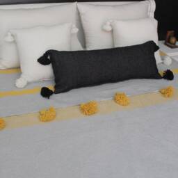 Gray & Yellow Moroccan Pompom Throw Blanket With Tassels - Duvet Cover Made Of Hand-Woven Coton Sofa Couch Bed End - thumbnail 4