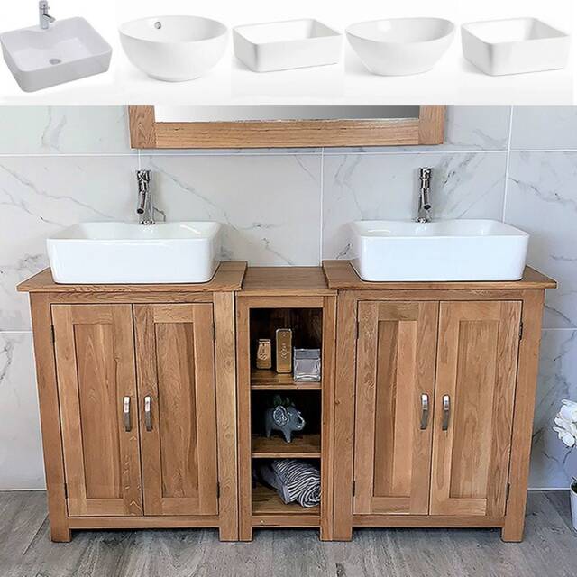 Bathroom Vanity Unit - Sink Washstand Slimline Oak With Worktop & Sit On Basins Taps Plugs Included - image 1