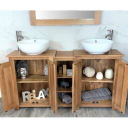 Bathroom Vanity Unit - Sink Washstand Slimline Oak With Worktop & Sit On Basins Taps Plugs Included - thumbnail 2