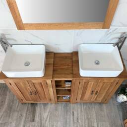 Bathroom Vanity Unit - Sink Washstand Slimline Oak With Worktop & Sit On Basins Taps Plugs Included - thumbnail 3