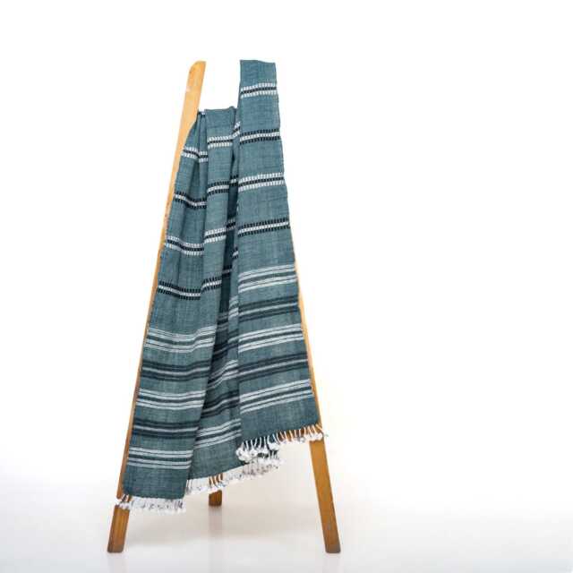 Teal Blue Striped Indian Wool Throw Blanket, Handwoven Sofa Coverlet & Bed Runner - Sapphire - image 1