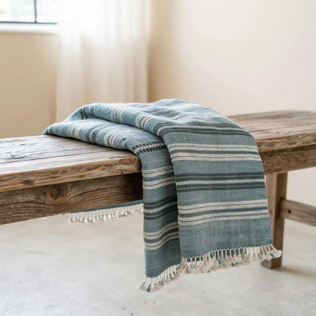 Teal Blue Striped Indian Wool Throw Blanket, Handwoven Couch Coverlet With Bed Accent - Sapphire - image 1