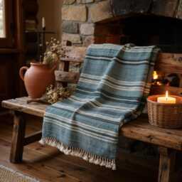 Teal Blue Striped Indian Wool Throw Blanket, Handwoven Couch Coverlet With Bed Accent - Sapphire - thumbnail 3
